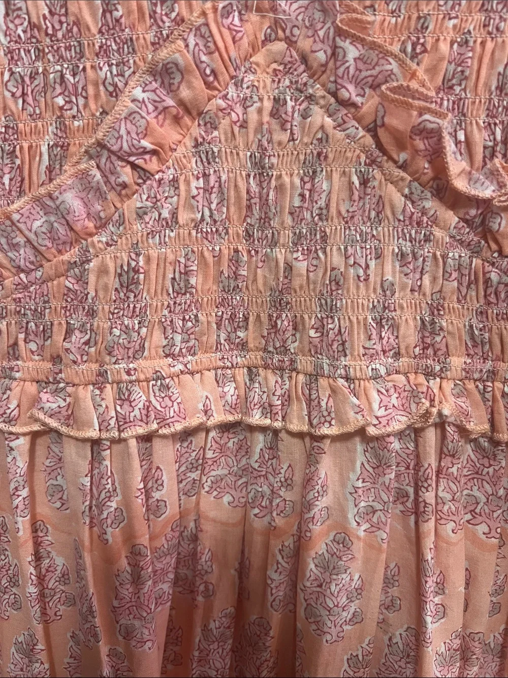 Perry walker Peach Floral Smocked Maxi Dress with Ruffle V-Neck - - Picture 3 of 6